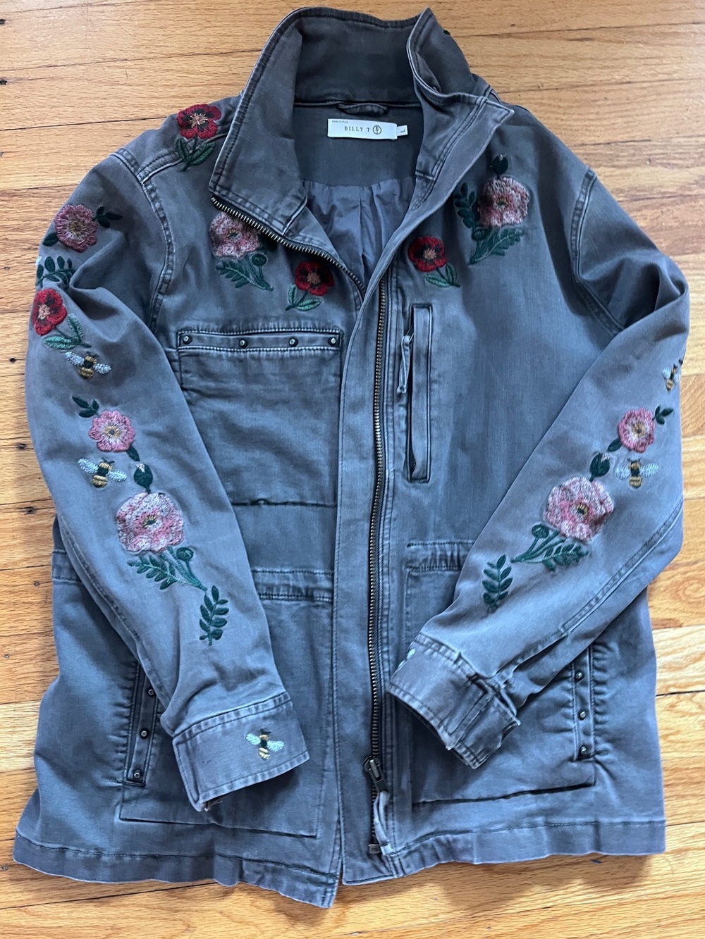 Billy T floral bee embroidered cargo studded jacket with drawstring